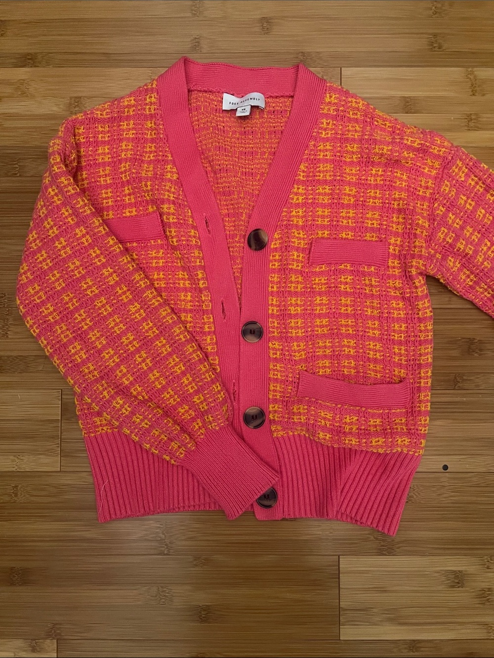 Bright Pink & Yellow Knit Cardigan Sweater